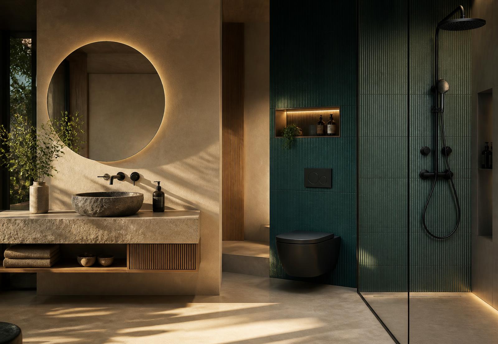 Modern bathroom with wall-hung fixtures and stone basin